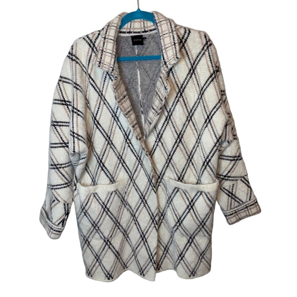 Cliche Plaid Cozy Cardigan Jacket Cream Beige Black Long Open Front Size Large‎